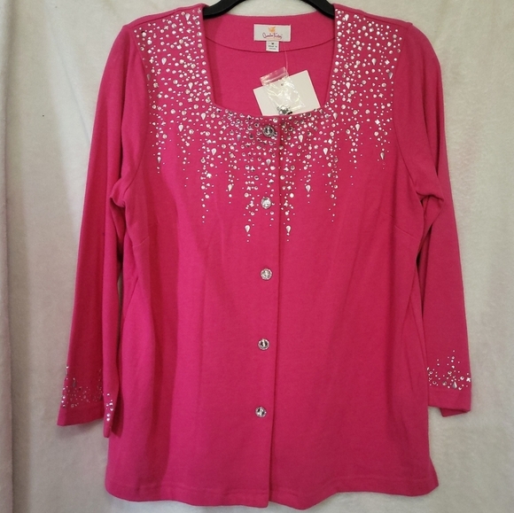 Quacker Factory Sweaters - Quacker Factory Hot Pink Cardigan with Crystals and Studs Size Medium NWT